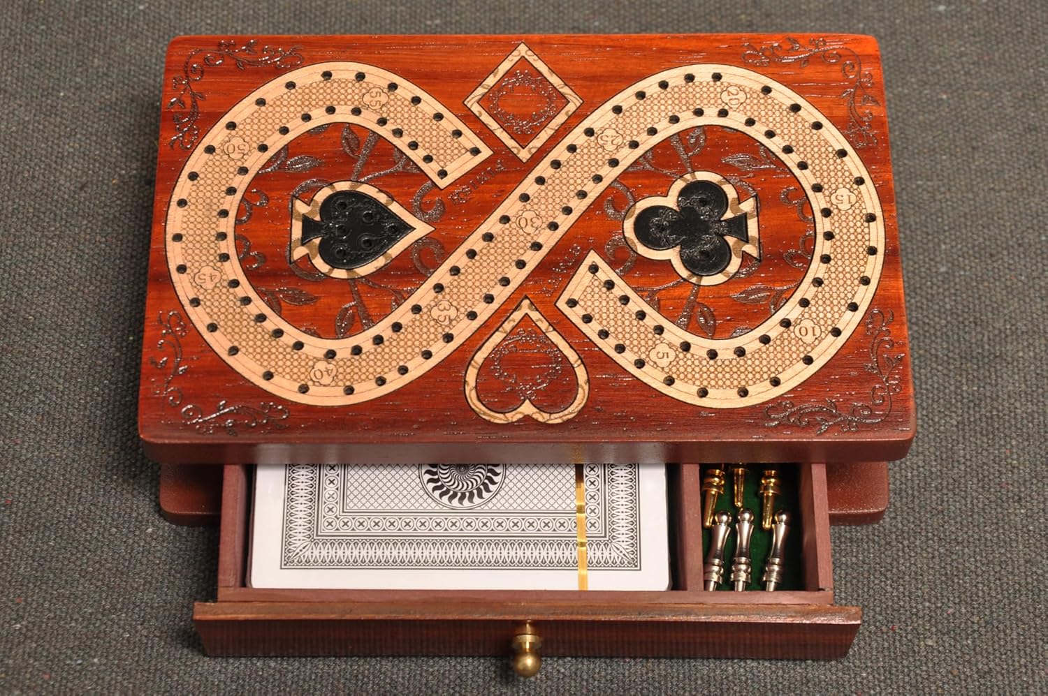 PALM ROYAL HANDICRAFTS 2 Track Cribbage Board Game Set with Magnetic Pull Drawer, Playing Cards - Metal Pegs - Storage Available, Travel Portable Cribbage Game Sets for Family. (Size - 6.5" x 4").