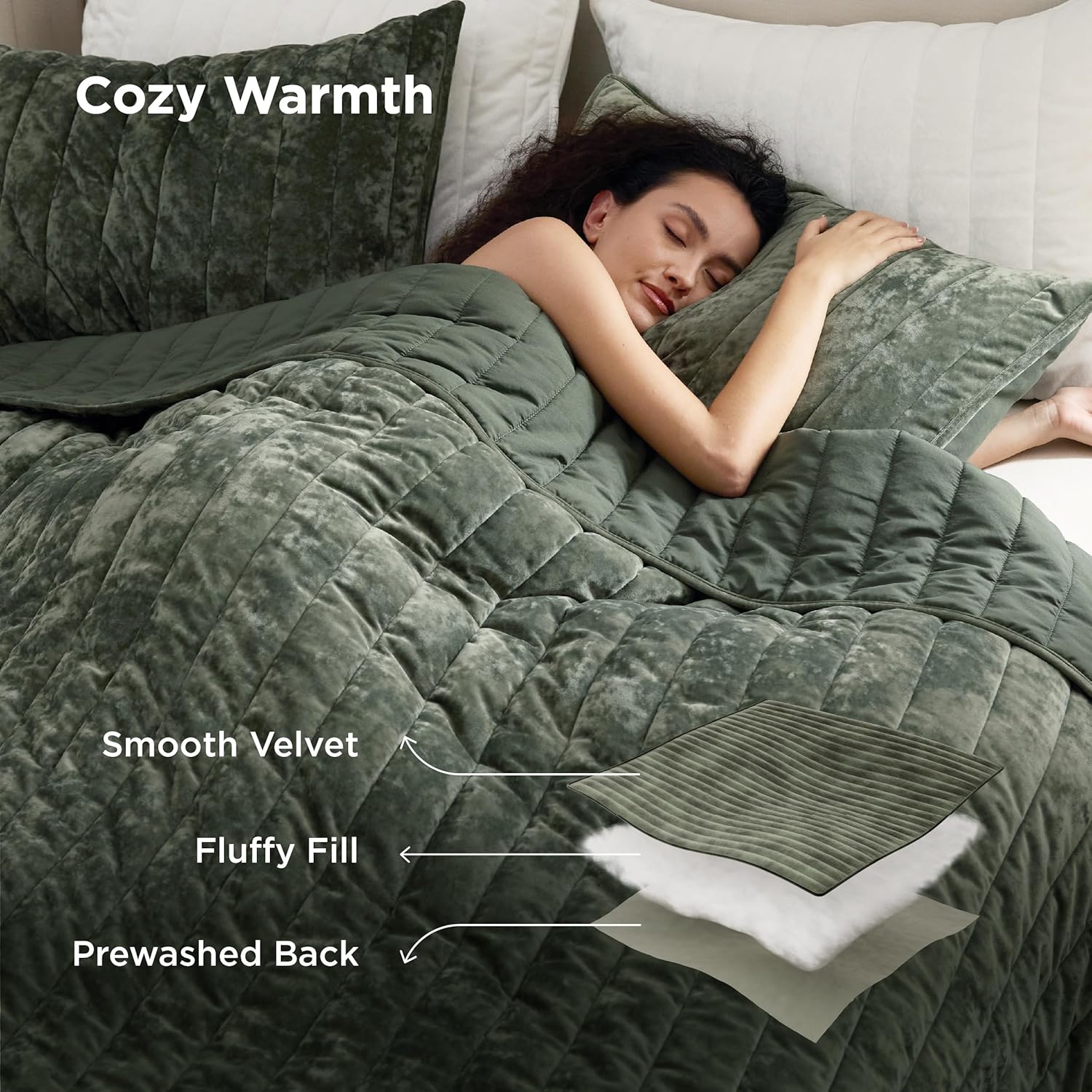 Bedsure Velvet Quilt Queen Size Set - Lightweight Velvet Comforter Queen, Luxury Bedspread Coverlet, Ultra-Soft Bedding Set with 2 Pillow Shams for All Season, 90"x96", Olive Green - Image 5