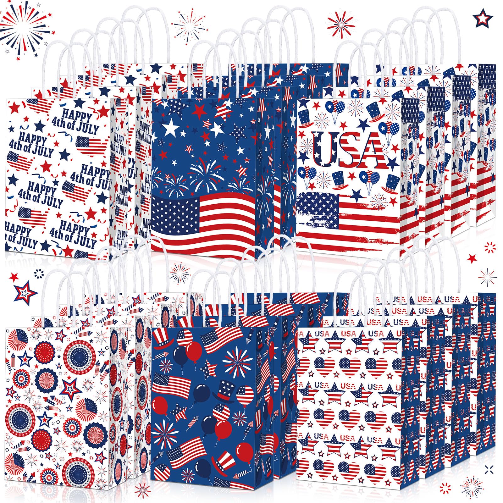 Glenmal 24 Pcs 4th of July Gift Bags with Handle Patriotic Red Blue White Gift American Flag Paper Candy Treat Goodie Bags for Wrapping Memorial Day Independence Day Party Favor