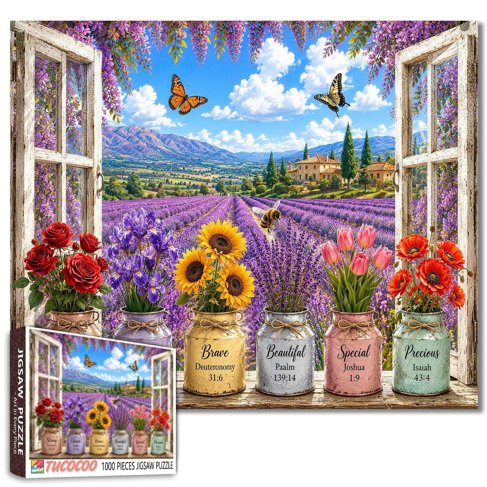 Lavender Field Jigsaw Puzzle 1000 Pieces Inspirational Bible Verse Flower Puzzle for Adults Rustic Window Landscape Colorful Floral Art Puzzles Family Game Nights Home Wall Decor DIY Craft Gift โ image 1