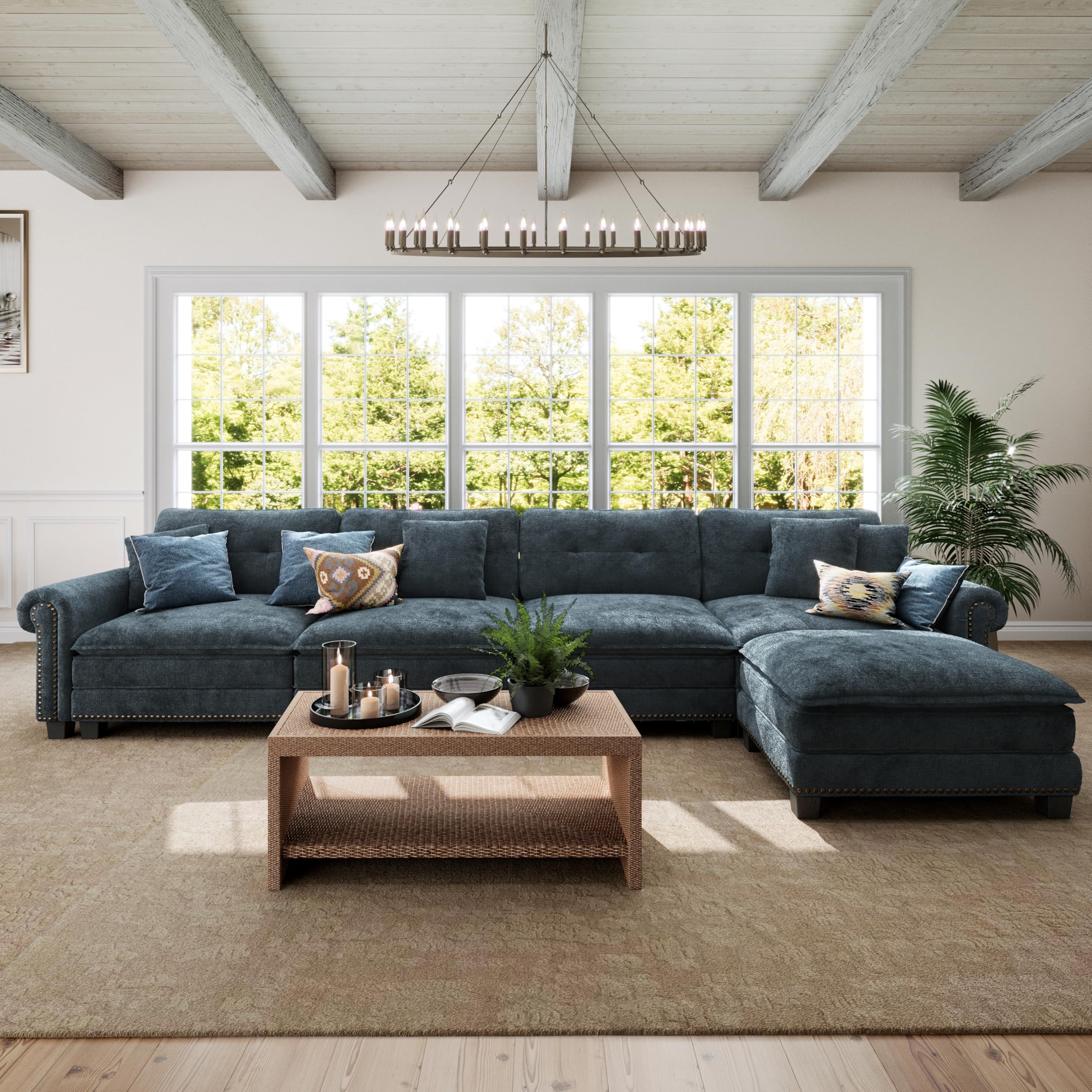 150 L Shaped Modular Cloud Couch with Extra Wide Deep Seats Oversized 5-Seater Mid-Century Modern Couch with Nailhead