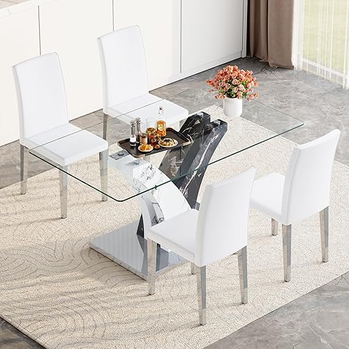 Miniatura 11 de AZmac Juego de mesa de comedor de cristal para 4, juego de mesa de comedor de 63 pulgadas para 4, mesa de cocina moderna y 4 sillas de comedor de