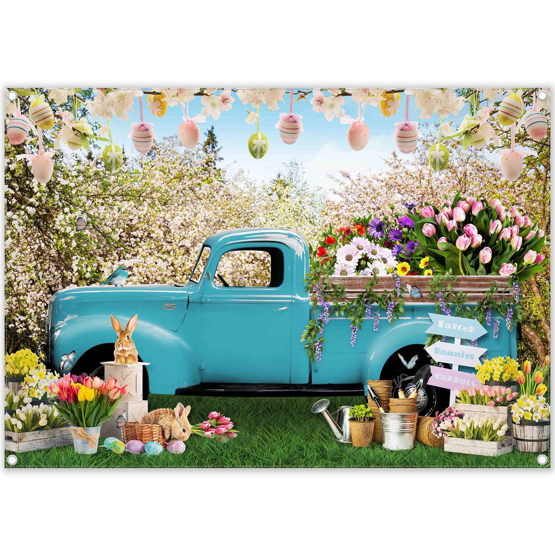 Telón de fondo de tela para fotografía de primavera y Pascua, 2,1 x 1,5 m, camión azul, huevos coloridos, flores, conejo, tulipán, bosque, fotografía, accesorios para cabina