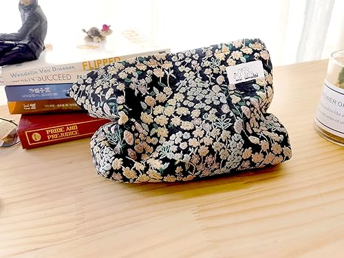 Miniatura 8 de HAPPYHEIDI Bolsa de maquillaje estética, bolsa de viaje con cremallera, forro de lona, organizador de bolso, 001 Negro Teabreak Little Flowers