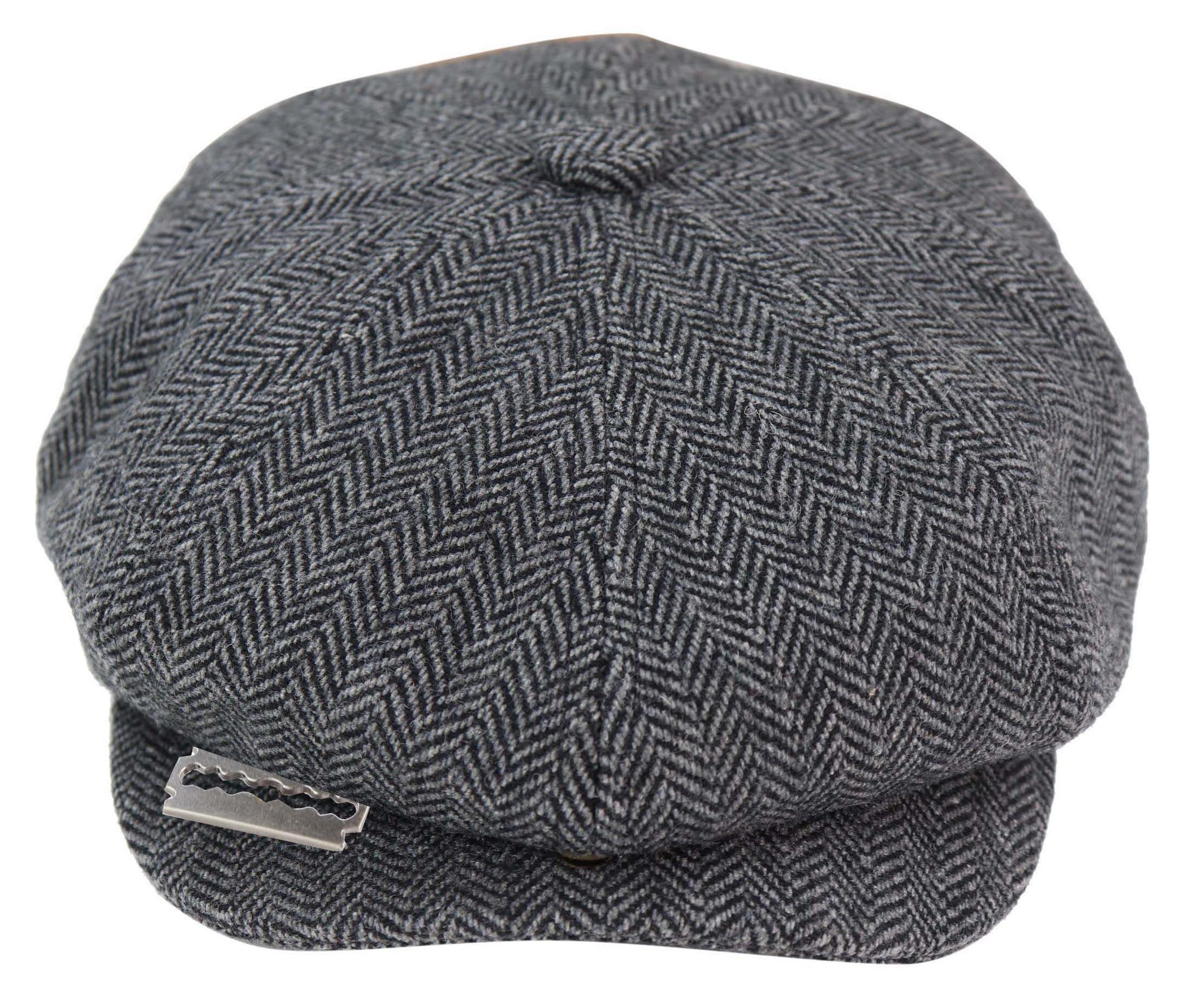 Infinity Leather Mens Blinders Tweed Gatsby Flat Baker Hat with Razor Blade L Charcoal