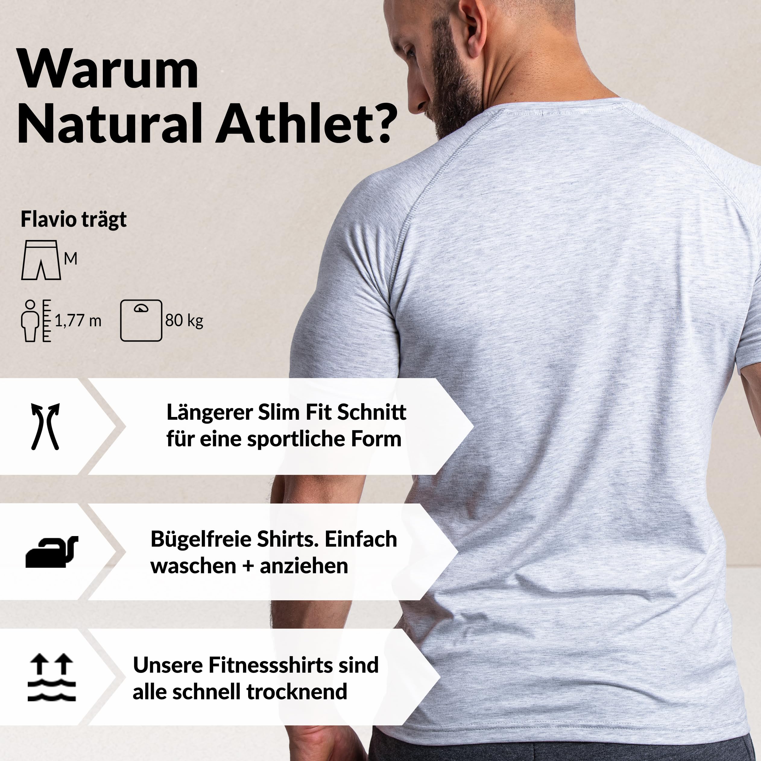 Natural Athlet Slim-Fit Fitness Tshirt für Herren – Enges & langes schnelltrocknendes Männer Kurzarm Gym T-Shirt – für Sport, Gym, Fitnessstudio, Workout, Bodybuilding und Krafttraining