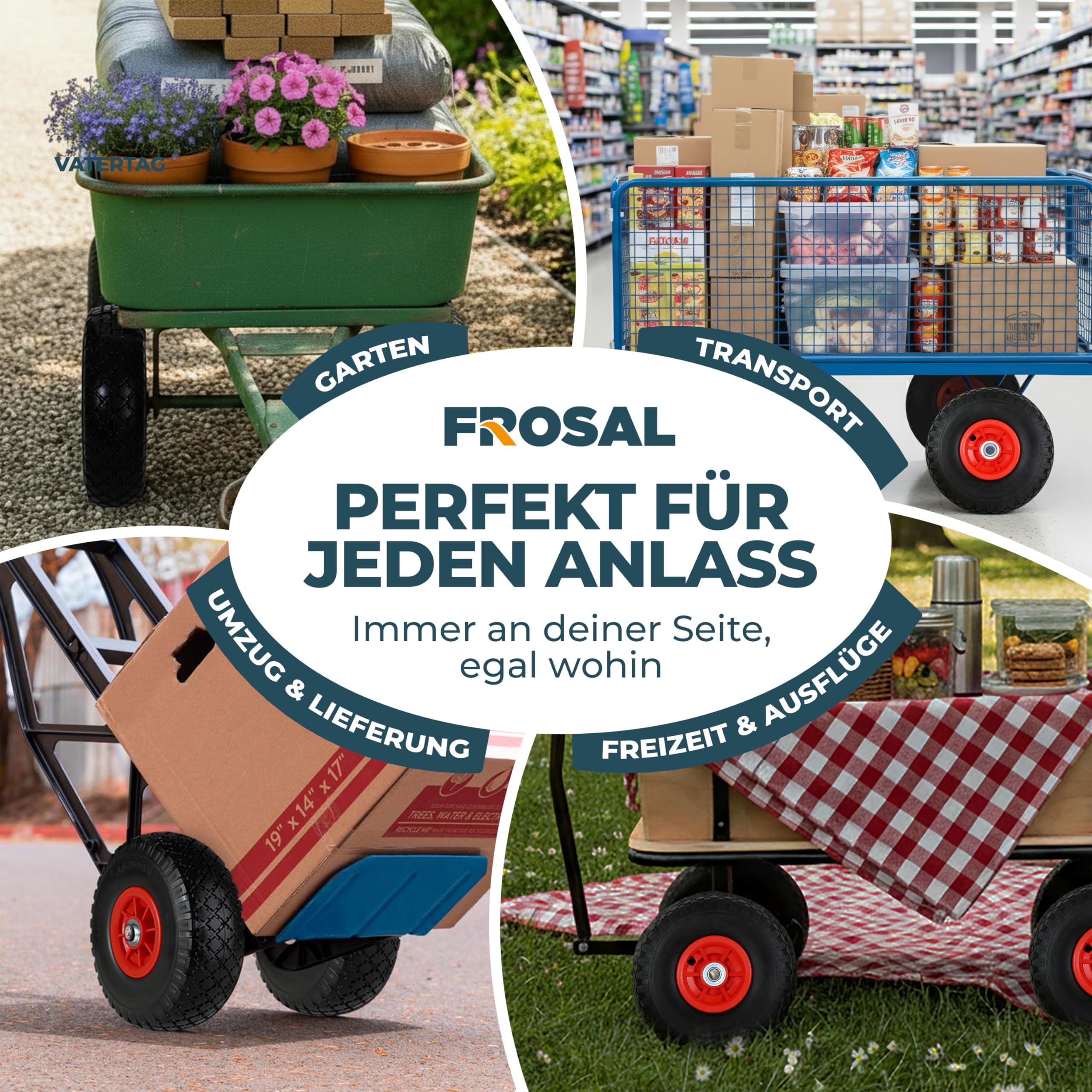 FROSAL Ersatzrad 3.0-4 (260×85) – 2 Stück – pannensicheres PU-Rad mit Kugellager – Nabenlänge 50 mm – Achse Ø 16 mm – rote Kunststofffelge – für Bollerwagen & Sackkarren