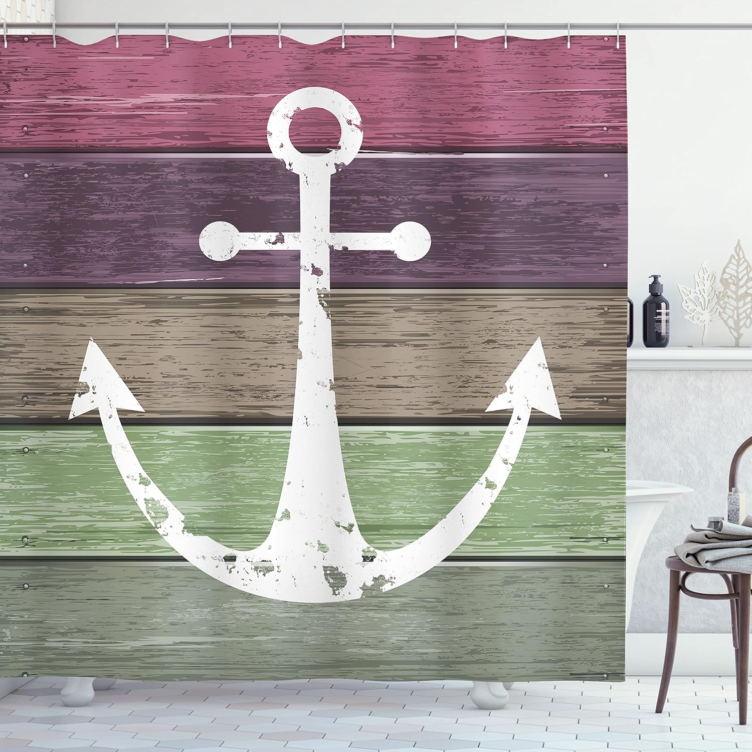 Ambesonne Anchor Shower Curtain, Marine and Nautical Symbol on Colorful Rustic Grunge Wooden Planks, Cloth Fabric for Decor Coastal Bathroom Set with 12 Hooks Included, 69" W x 70" L, Multicolor Pink