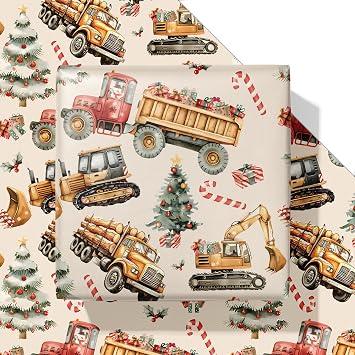 Vnaaem Construction Christmas Wrapping Paper for Kids Boys Girls - Candy Cane, Dump Truck, Loader, Excavators, Xmas Tree, Holiday Wrapping Paper for Xmas, Baby Shower, Party supplies - 20 X 28 Inch 6 Folded Sheets