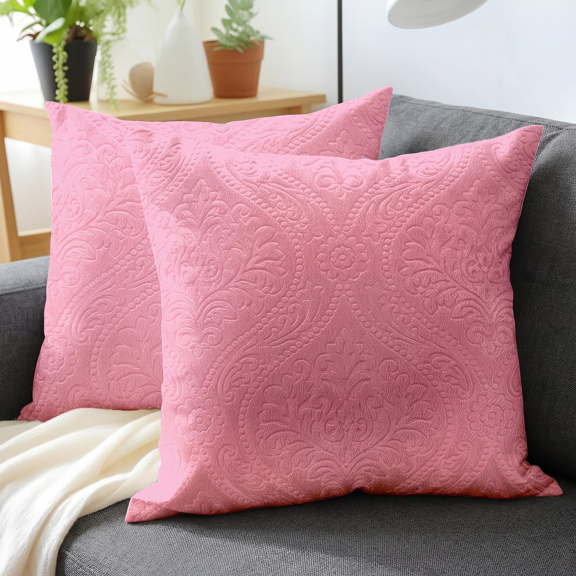 Encasa XO Luxury Embossed Velvet Cushion Covers - Plush Throw Pillow Covers For Elegant Living Rooms & Bedrooms, Machine Washable, 40x40 cm Pink | Set of 2 | Covers Only No Insert