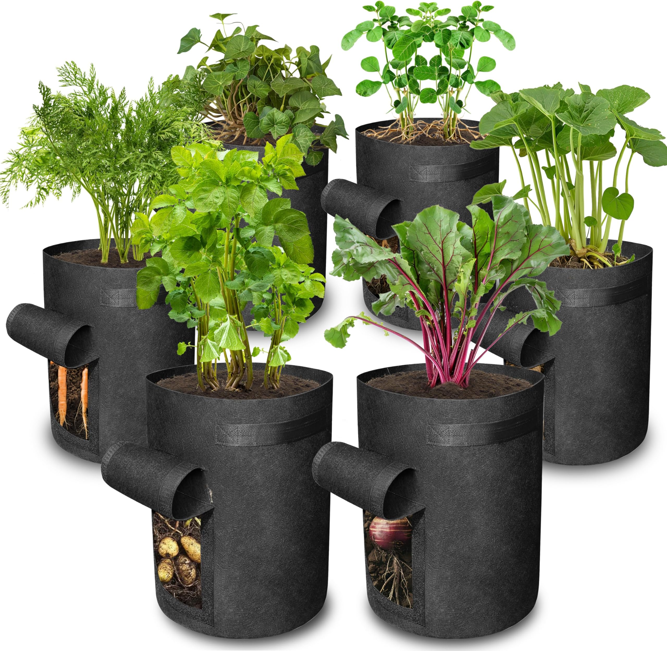 6 Pack BPA-Free 10 Gallon Vegetable Grow Bags with Access Flap and Handles, Suitable for Planting Potato, Taro, Beets, Carrots, Onions, Peanut
