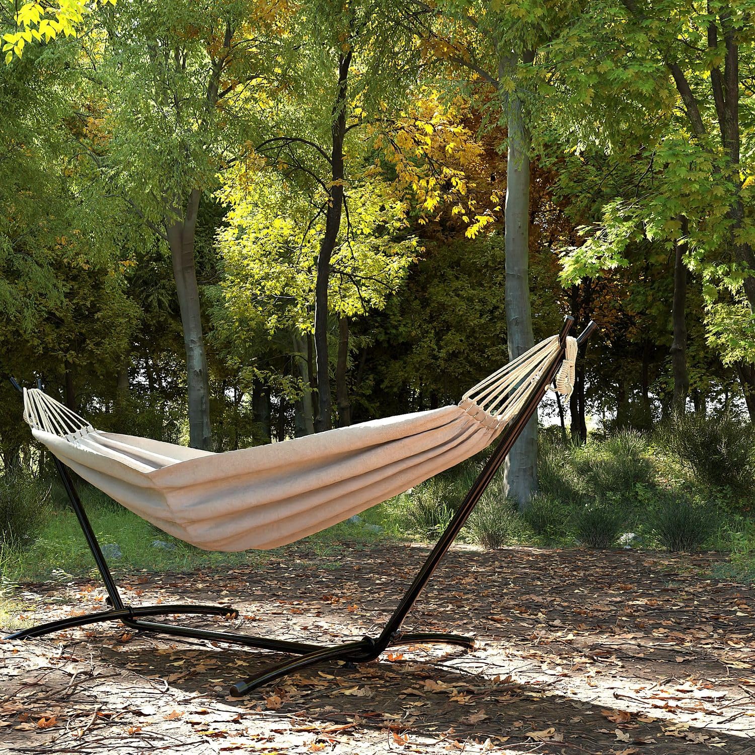 GARMIO® Hängematte beige mit Stahlgestell 270 x 110 x 105 cm, 200 kg Tragkraft, klappbar, pflegeleicht, inkl. Zubehör & Tragetasche für Garten & Balkon