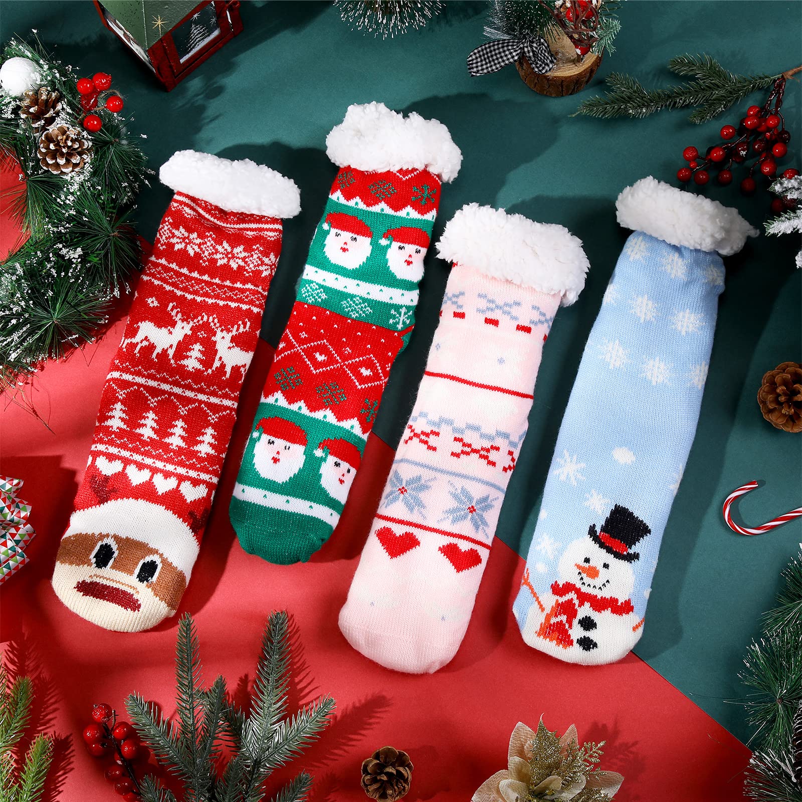 Lot de 4 paires de chaussettes de Noël en vrac doublées en polaire pour femme et fille - Cadeau de Noël fantaisie