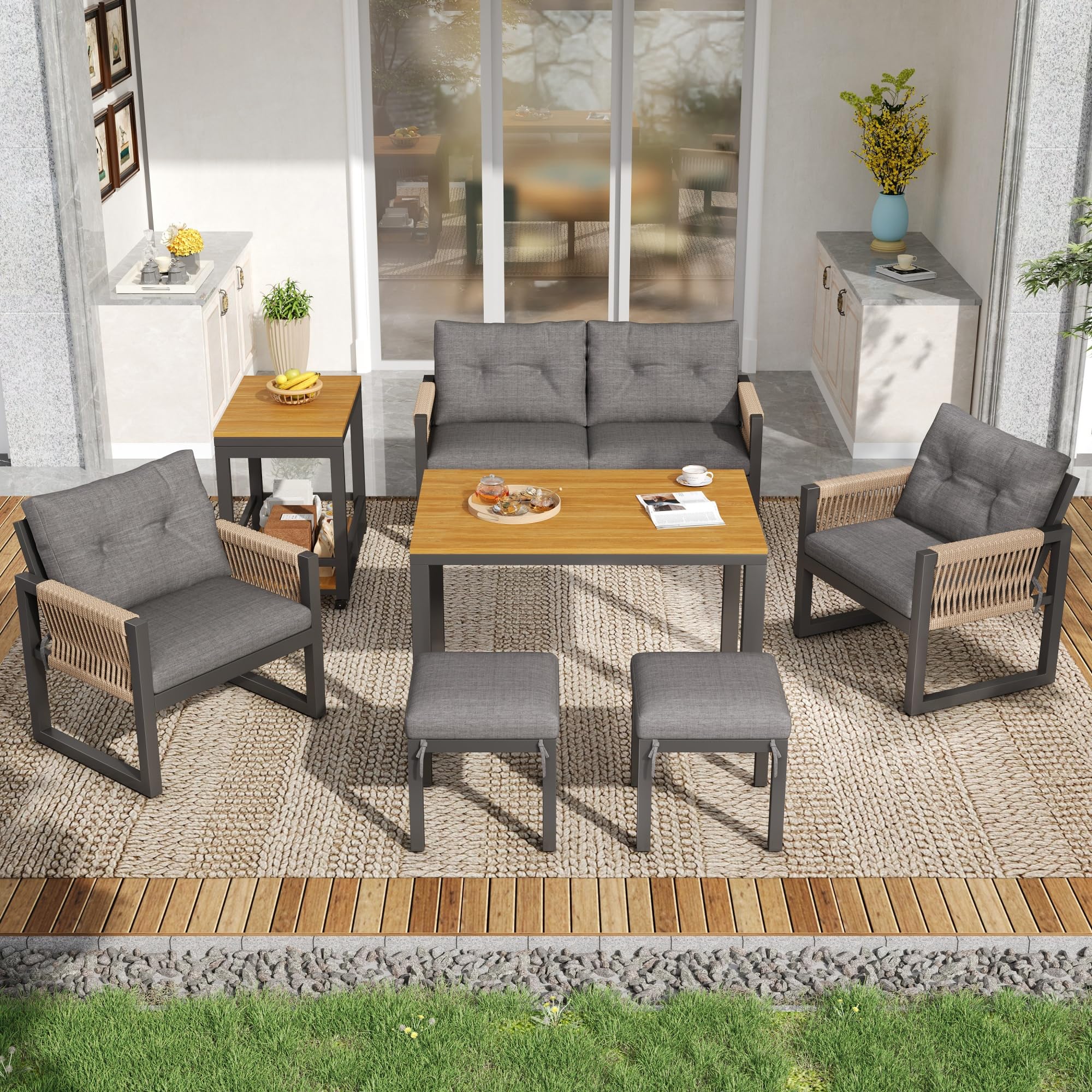 Gartenmöbel Sitzgruppe für 6 Personen, Outdoor Möbel 6-teilig mit Sofa und Couchtisch, Gartenmöbel Set mit Sitzkissen und Kissen, Balkonmöbel Essgruppe für Garten Balkon Terrasse, Grau+Natur