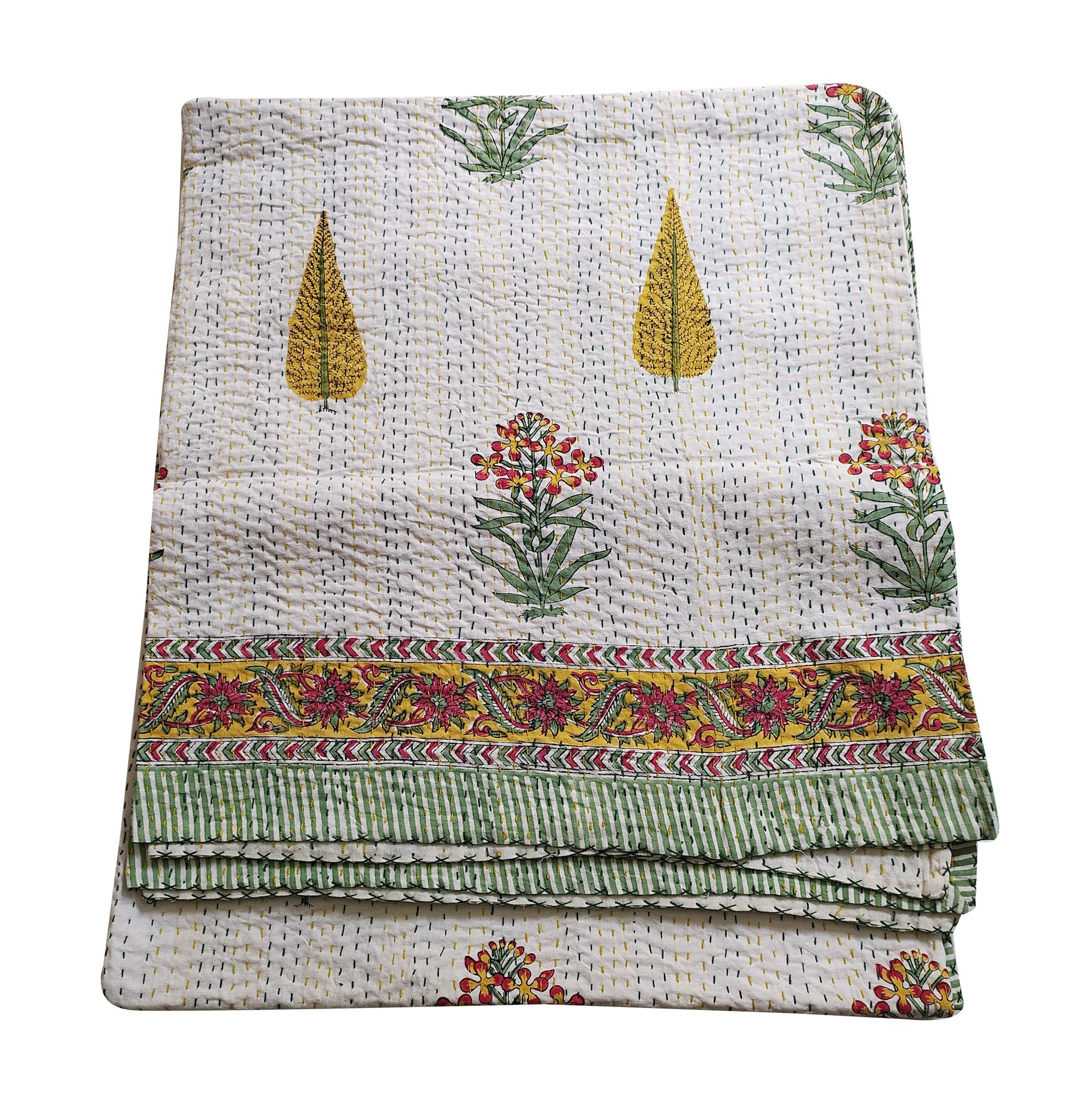 thehandicraftworld Floral Hand Block Print Kantha Kantha Floral Printed Queen Size (90x108) INCHES GUDARI Bedspread RALLI Cotton Handmade