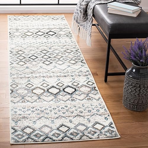 SAFAVIEH Amsterdam Collection 2'3" x 8' Ivory/Grey AMS108A Moroccan Boho Non-Shedding Living Room Entryway Foyer Hallway Bedroom Runner Rug
