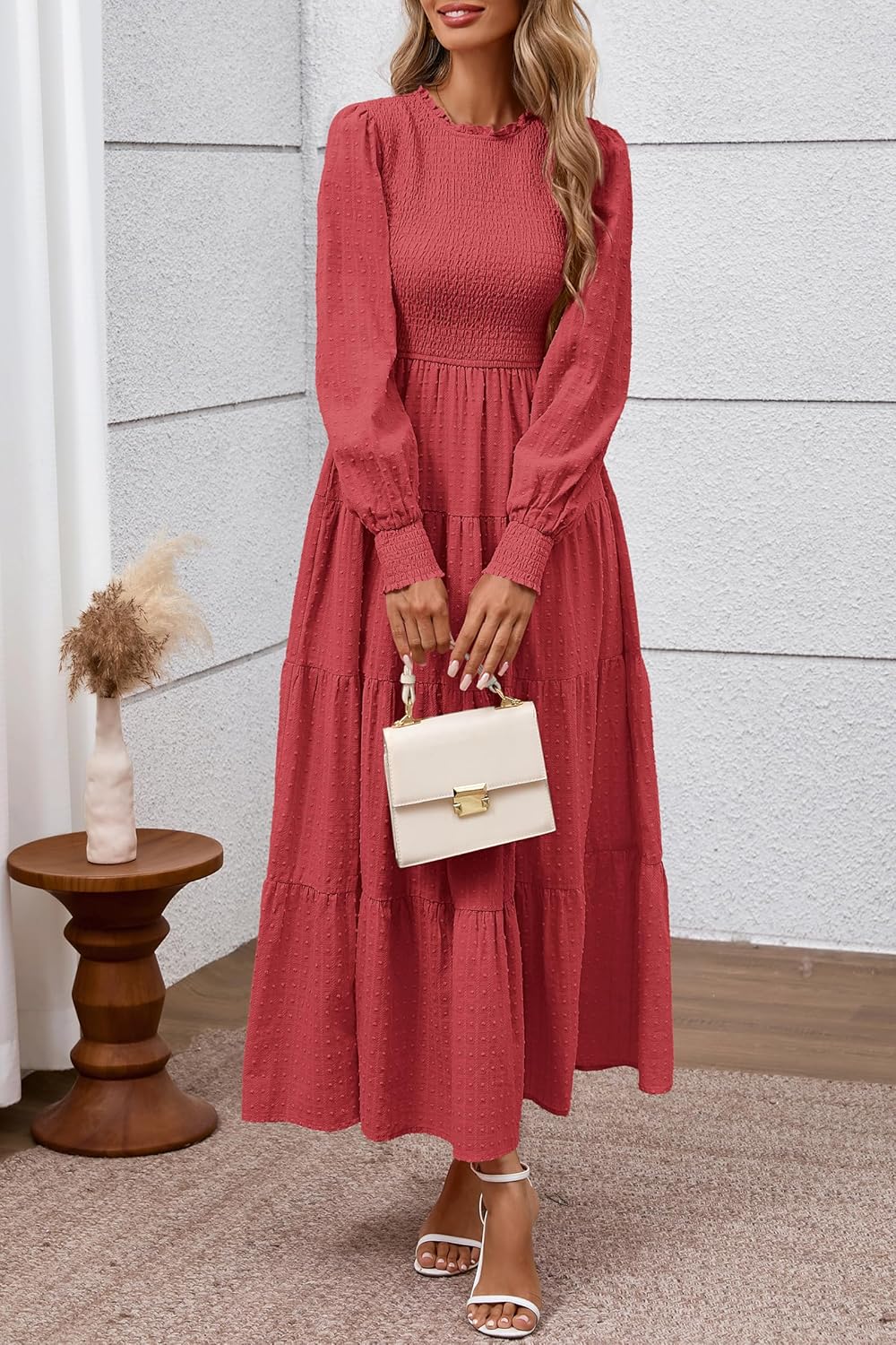 PRETTYGARDEN Women's Long Sleeve Spring Maxi Dresses 2026 Casual Smocked Trim Neck Swiss Dot Flowy Formal Wedding Guest Dress - Image 6