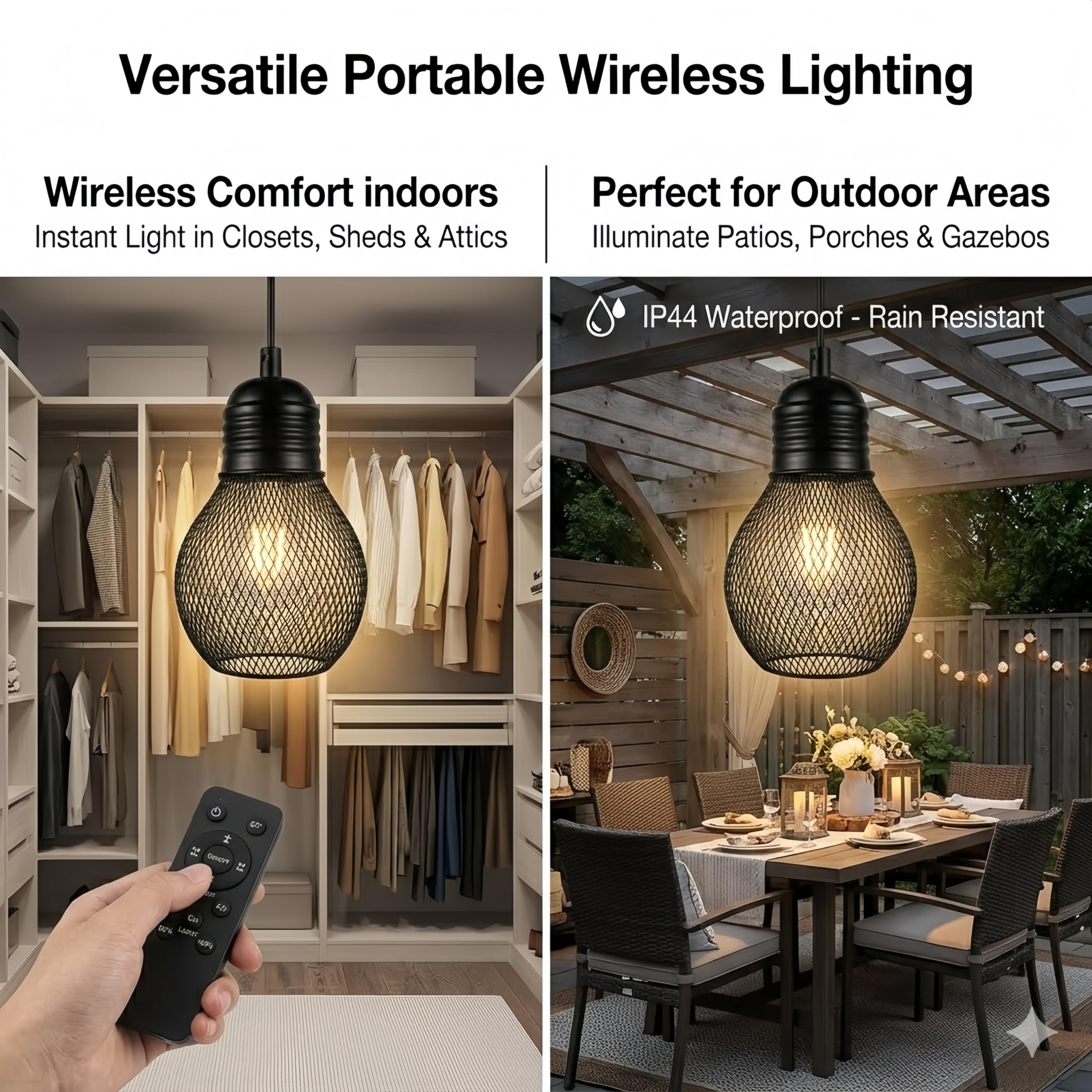 Lampada a sospensione a batteria con telecomando impermeabile, 4 batterie AA, per gazebo, pergolato, portico, patio, interno/esterno, nero