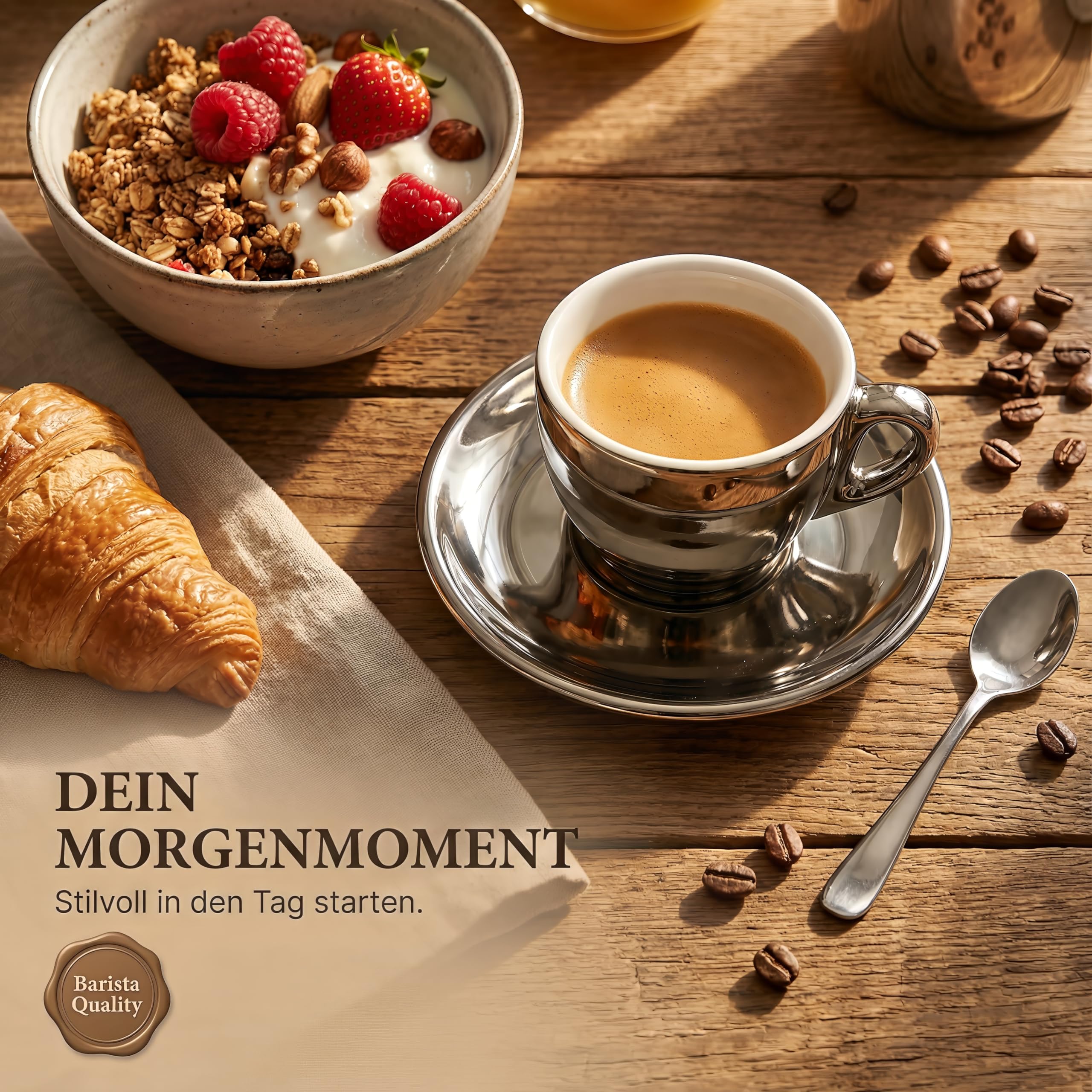 6 x filiżanki do espresso | srebrny chrom | styl włoski | grube ścianki i ciężkie | zestaw 6 filiżanek do espresso ze spodkami - zestaw upominkowy