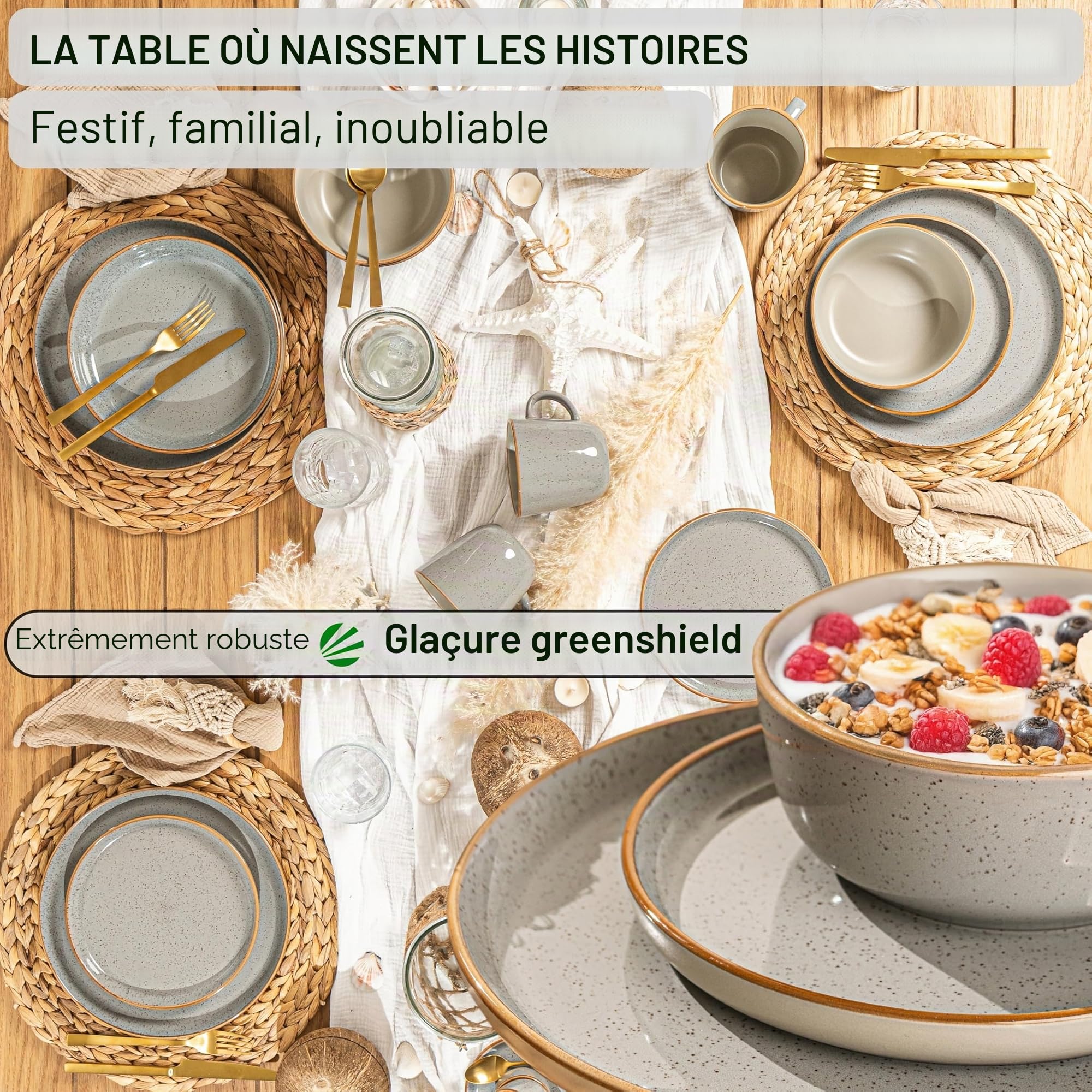 SÄNGER Value Collection Rio - Service de table 18 pièces en faïence pour 6 personnes - 6 assiettes plates, 6 assiettes à dessert - 6 bols et bols gris