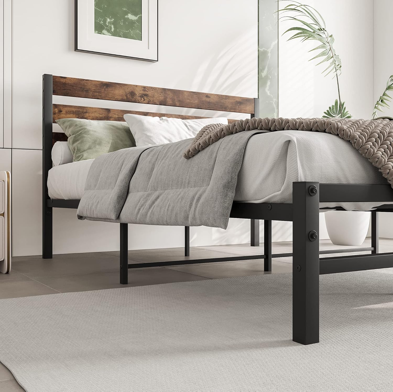 Anwick Modern Platform Full Size Bed Frame with Rustic Vintage Wood Headboard, Strong Metal Slats Support Mattress Foundation, No Box Spring Needed Rustic Brown (Full)