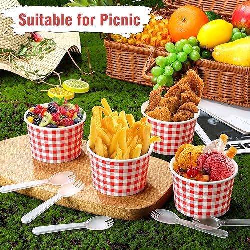 Miniatura 4 de Tessco Paquete de 100 vasos de helado de 12 onzas, tazones de papel desechables para postres para sopa caliente con 100 cucharas a cuadros para