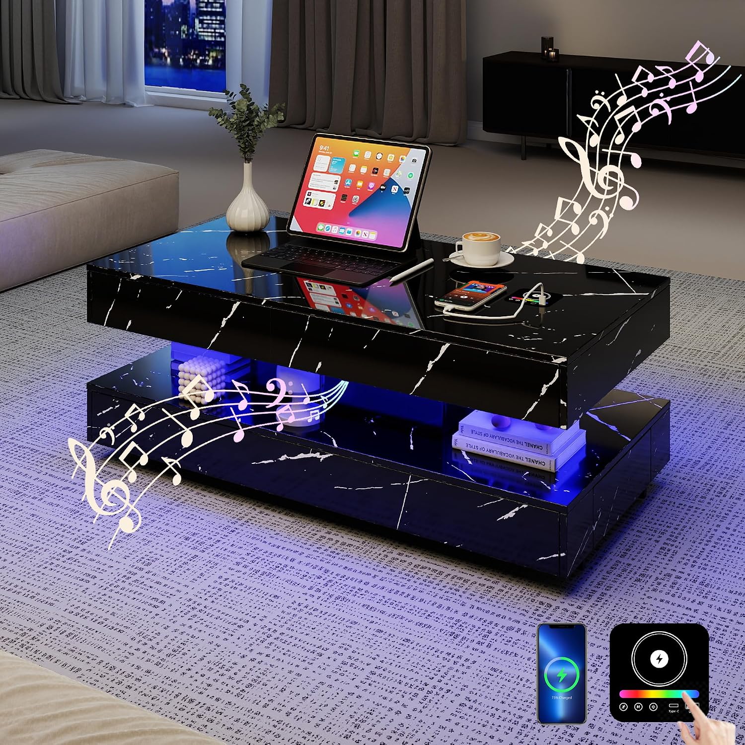 47.2" Smart Coffee Table with LED Lights, Modern High Glossy Marble Coffee Table with Storage, Bluetooth Speaker, Charging Station, Living Room Center Tables for Living Room Furniture
