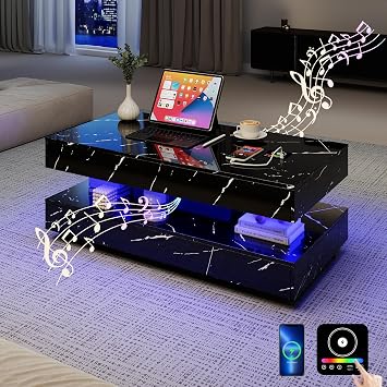 47.2" Smart Coffee Table with LED Lights, Modern High Glossy Marble Coffee Table with Storage, Bluetooth Speaker, Charging Station, Living Room Center Tables for Living Room Furniture