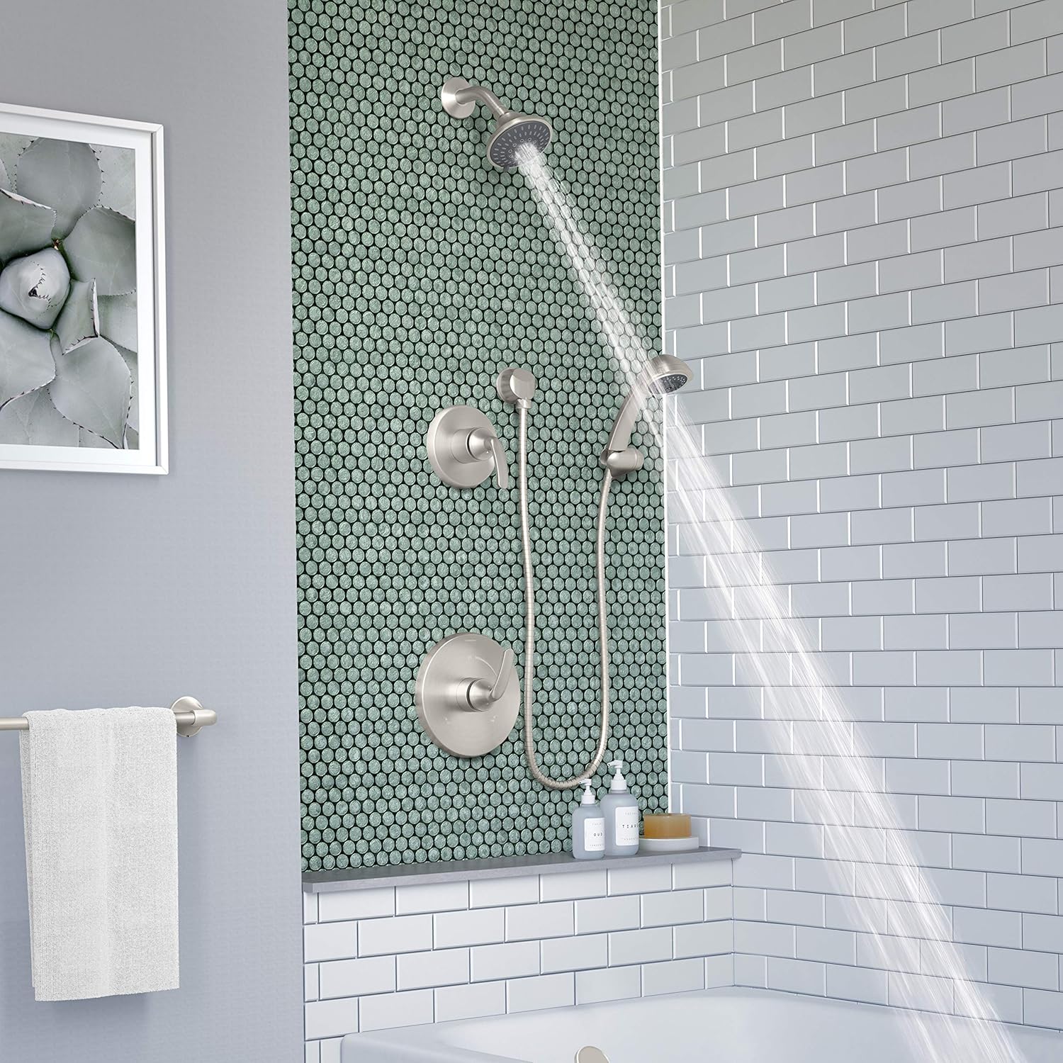 Symmons 5505-STN-1.5-TRM Elm 2-Handle 5-Spray Shower Trim with 3-Spray Hand Shower in Satin Nickel (Valves Not Included)