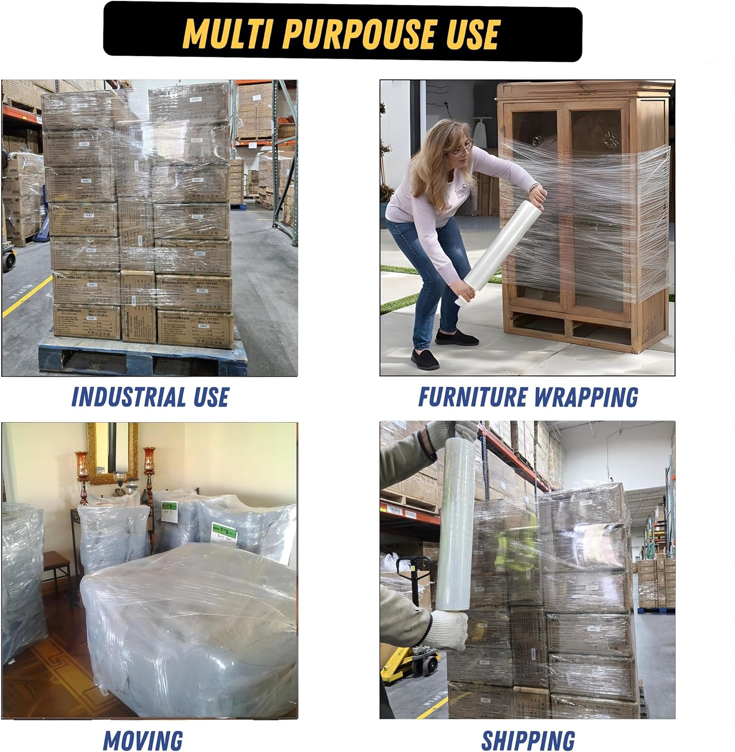 5Seconds Industrial Pallet Stretch Wrap 20” x 1000 Ft (4 Pack), 80 Gauge Clear Stretch Film, 400% Stretch, Self-Adhering Heavy Duty Plastic Shrink Wrap Clear Wrap with Handles for Moving & Shipping