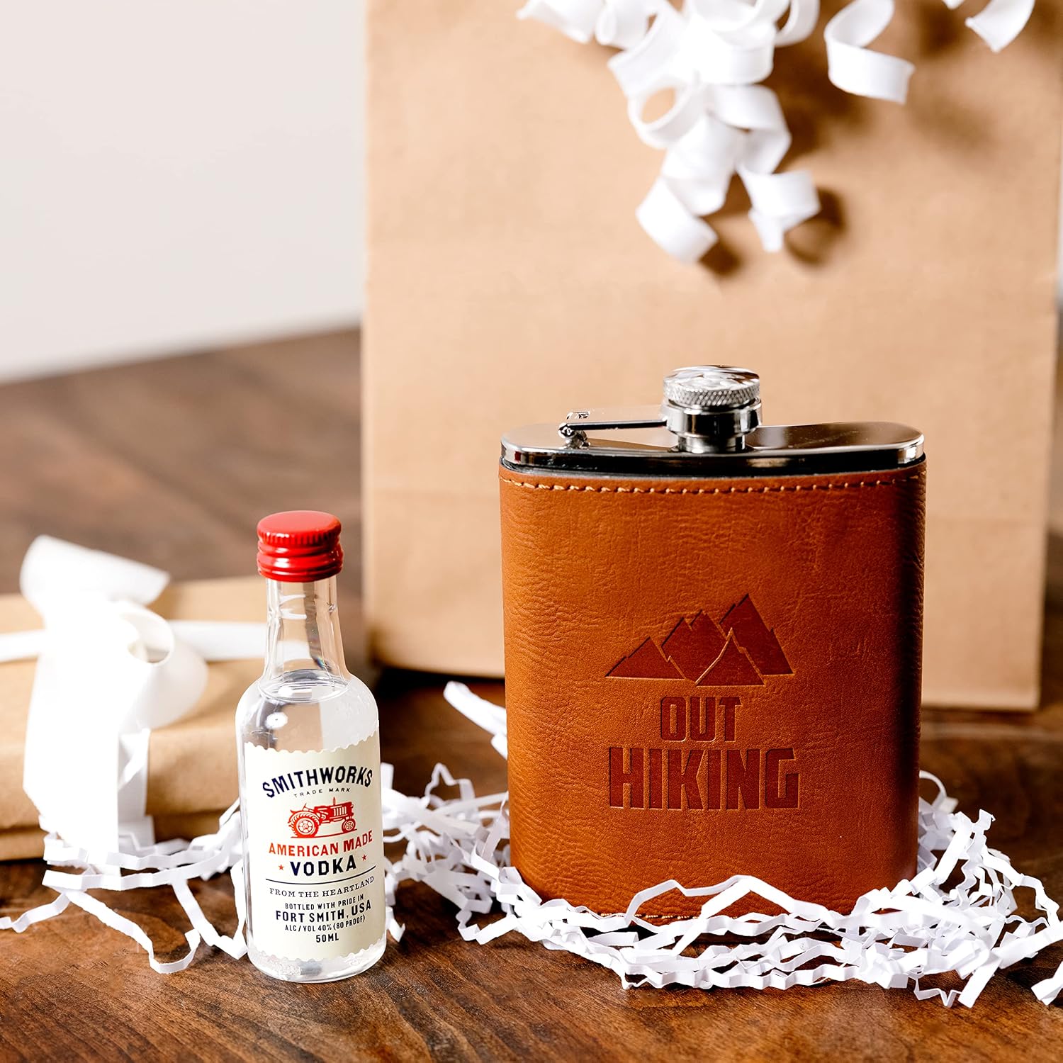 Pavilion Gift Company - Out Hiking - 8 oz Stainless Steel PU Leather Flask Outdoorsy Woodsy Hike Camping Mountain Men Women Hiker Unique Gift