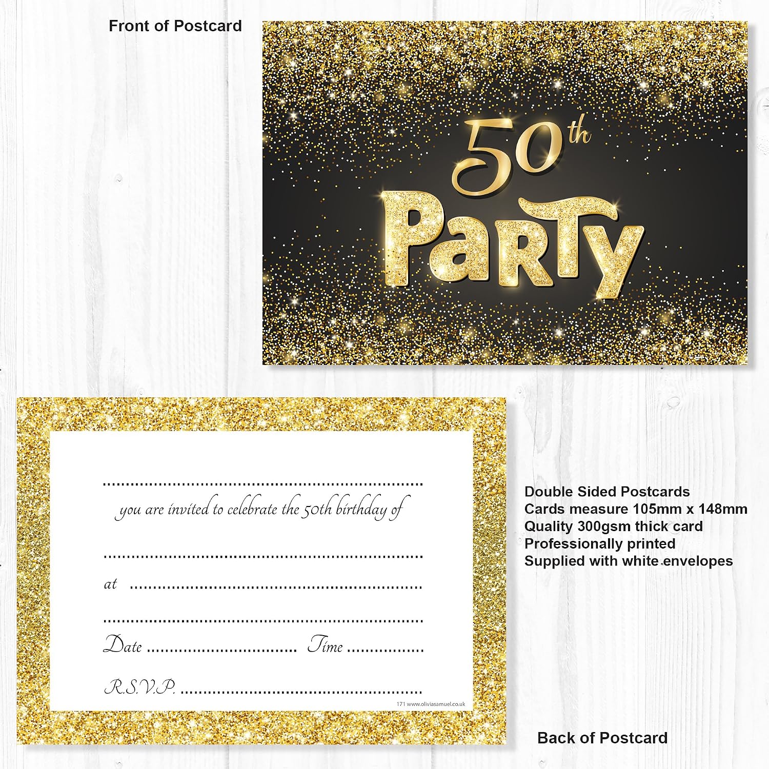 Olivia Samuel 20 x Black and Gold Effect 50th Birthday Party Invitations from Ready to Write with Envelopes - Image 3