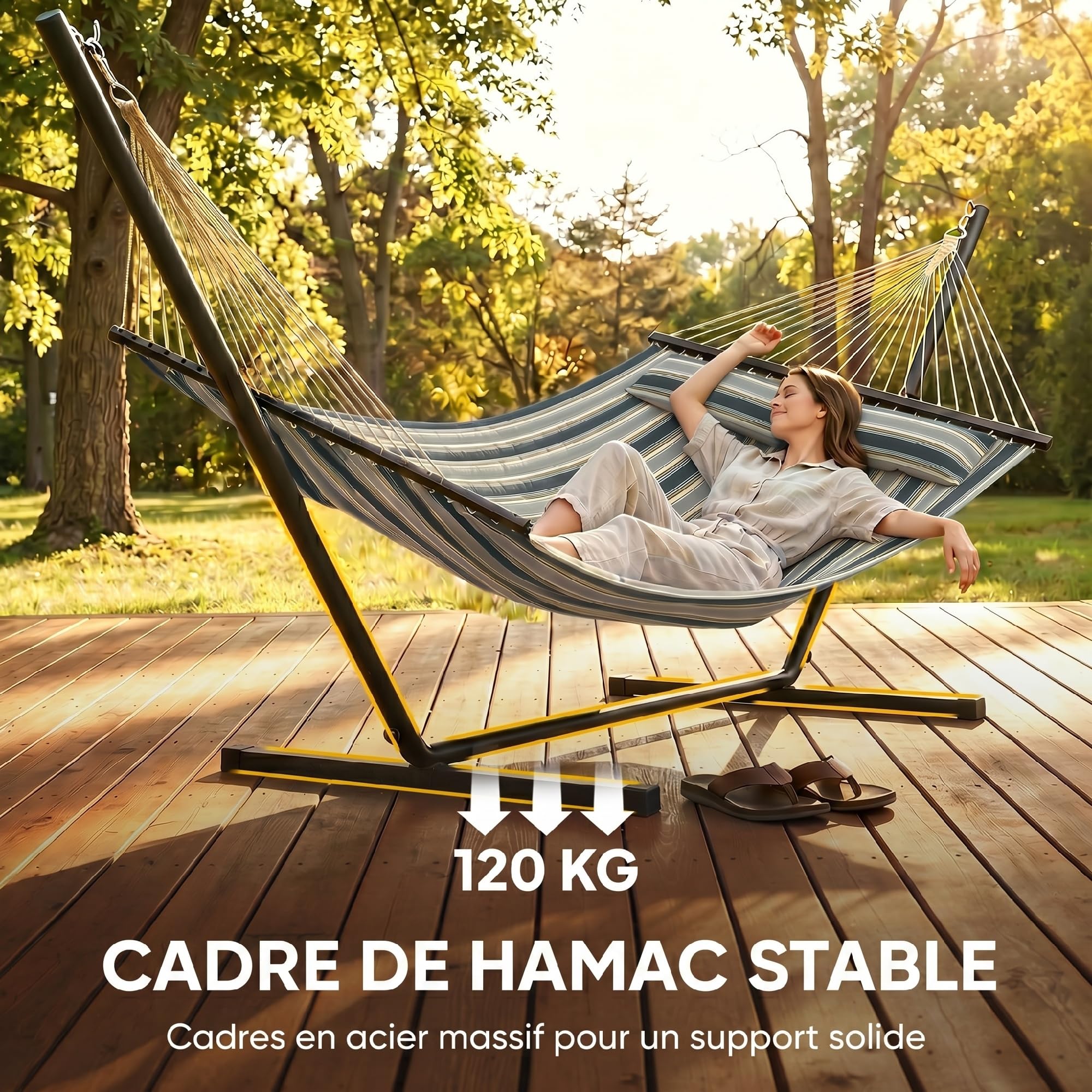 Outsunny Hamac sur Pied 353 cm, hamac avec Support Acier avec Coussin Amovible et Barres d'écartement, pour intérieur et extérieur, lit de Sieste rayé, Vert