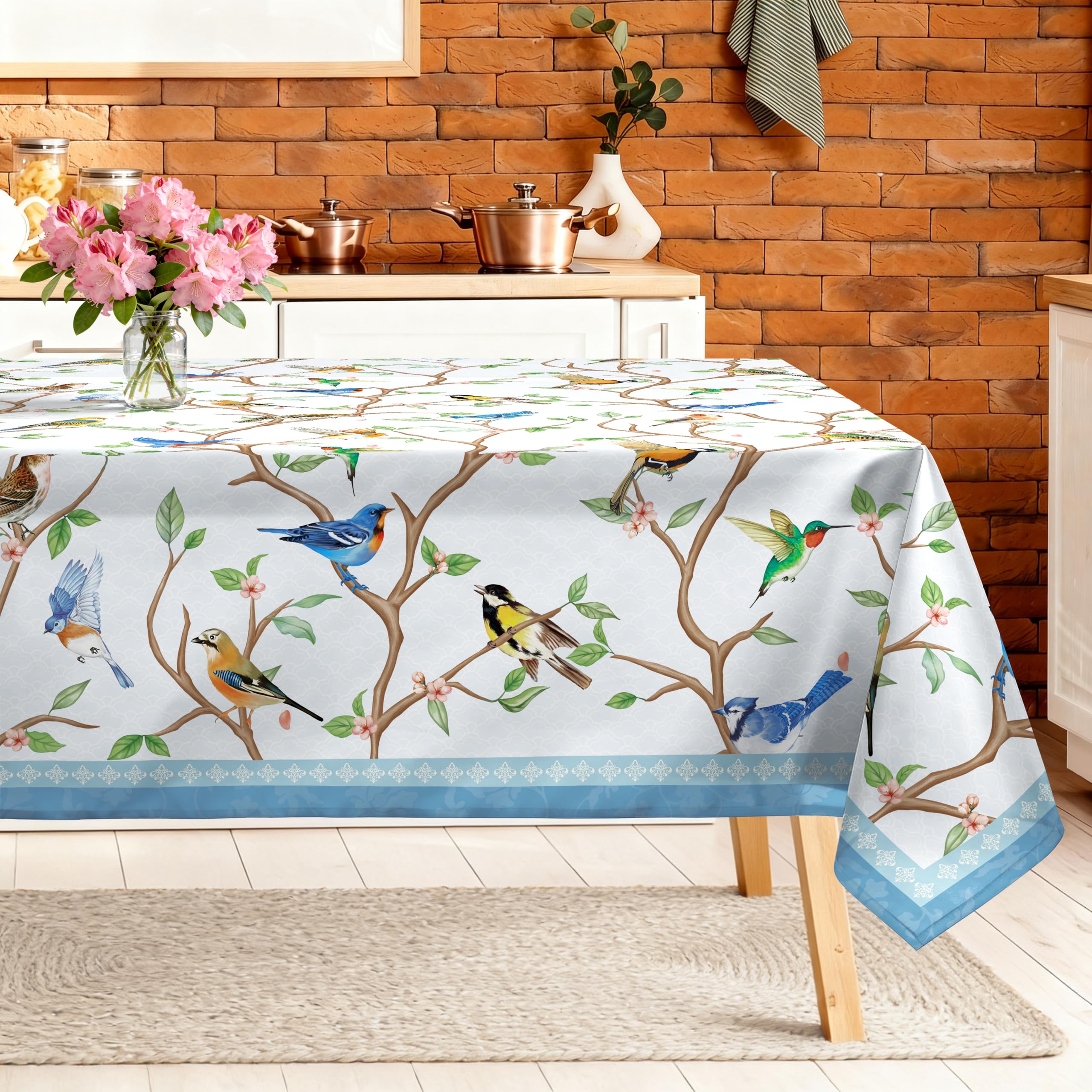 Arquiel Bird Branch Table Cloth Rectangle Machine Washable Spring Summer Tablecloth, 152 * 213 cm, Polyester Blue Table Cover for Kitchen Dinner Party Outdoor Decor