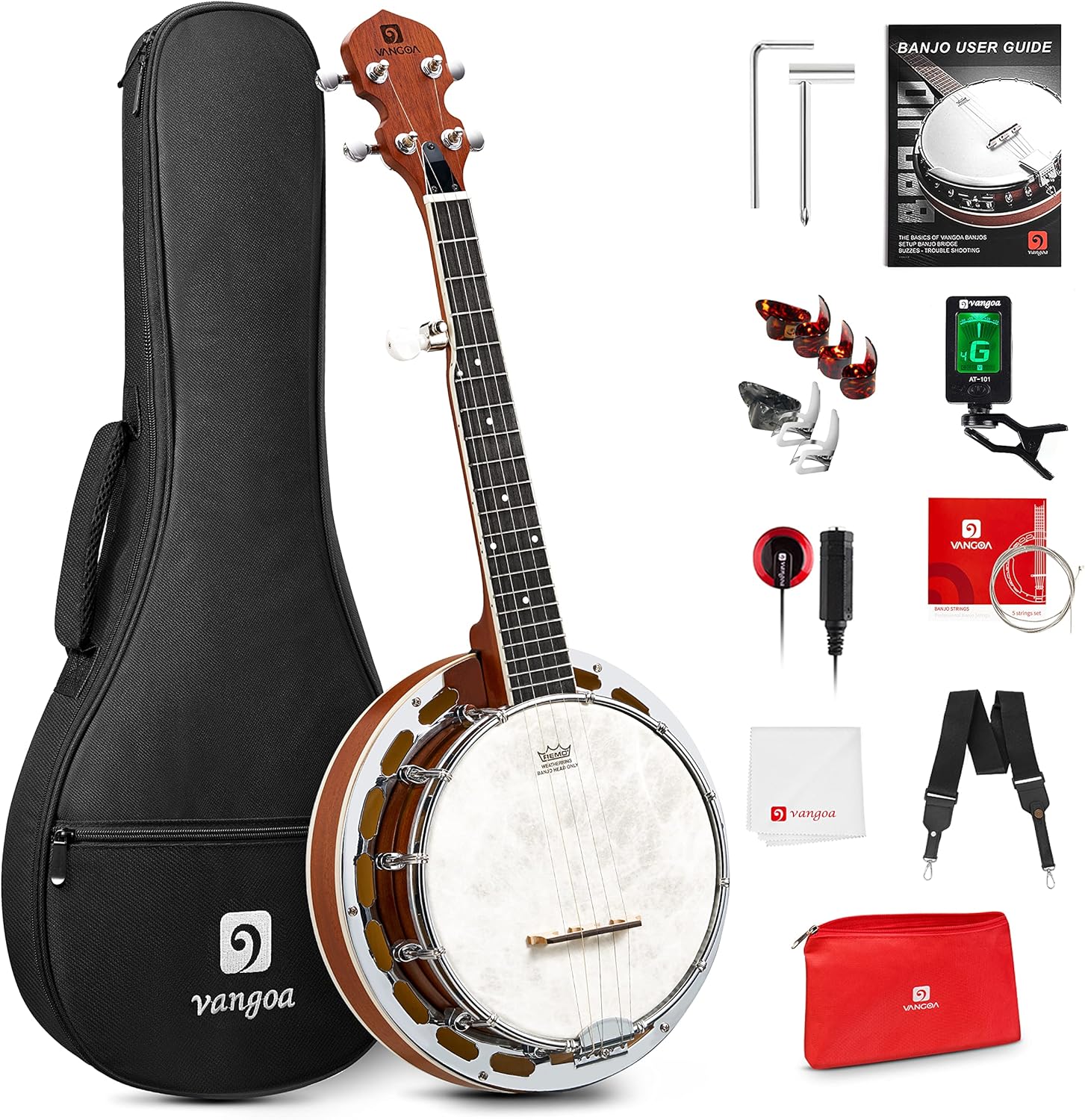 Vangoa Mini Banjo 5 String 26 Inch Travel 5 String Beginner kit, Mahogany MINI Portable Banjo with Tone Ring, Fiberskyn Remo Head for Teens Adults