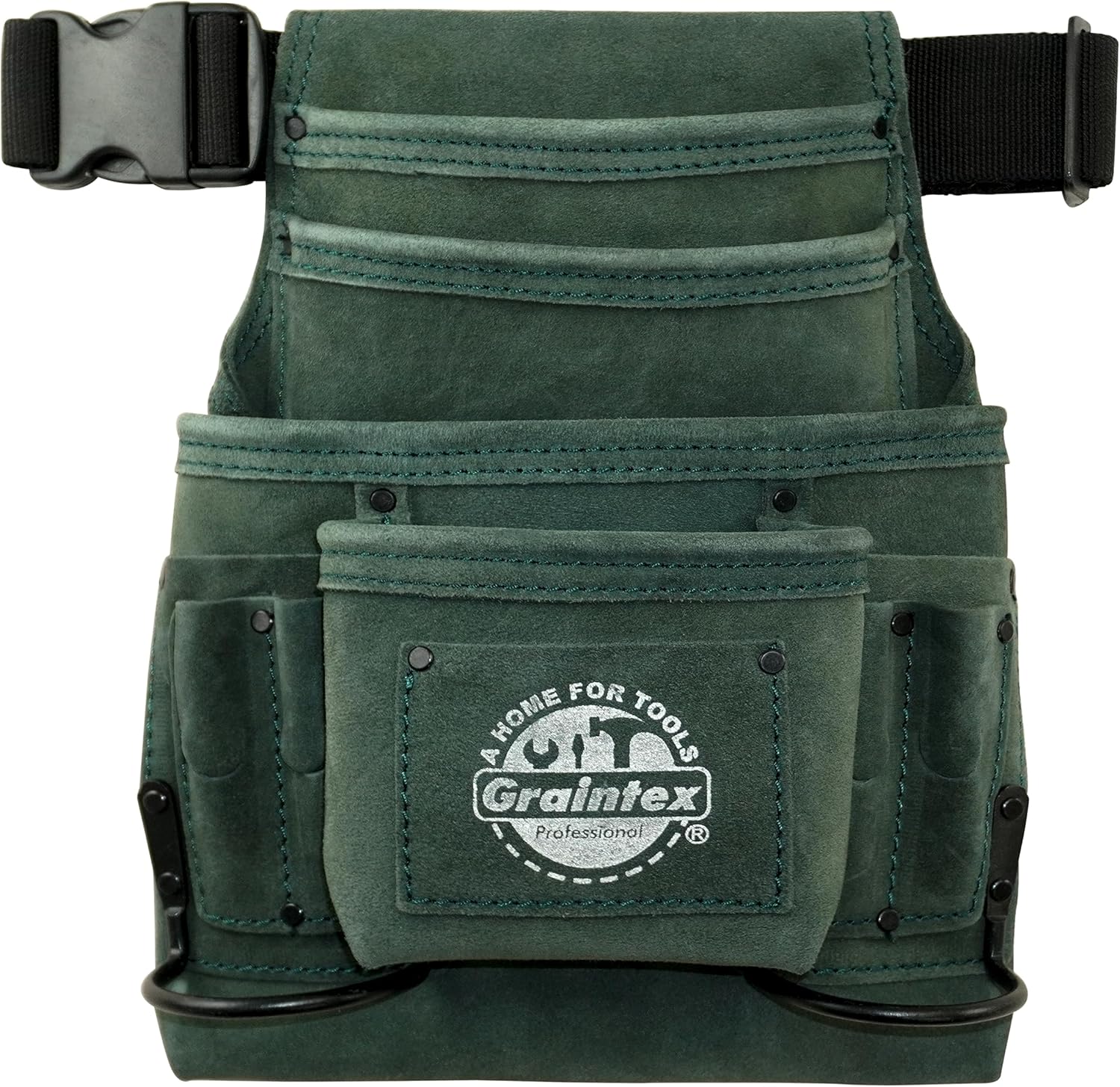 Graintex SS2450 :: 10 Pocket Nail & Tool Pouch Hunter Green Color Suede Leather with 2” Webbing Belt for Constructors, Electricians, Plumbers, Handymen