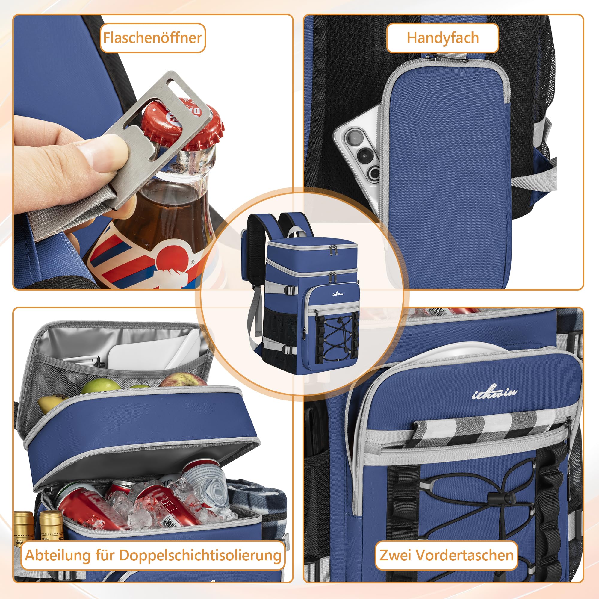 Zaino isotermico a doppio scomparto – grande capacità 30 l per refrigeratore morbido, borsa da picnic con frigorifero portatile, ideale per picnic e campeggio (blu)