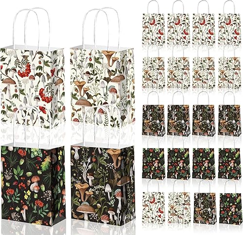 24 bolsas de regalo de papel con temática de hongos con asas, color blanco y negro, hongos y bayas, bolsas de golosinas para cumpleaños, suministros