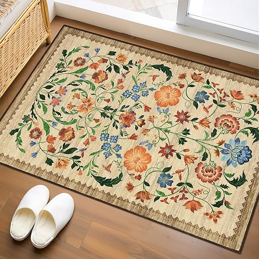 GarveeHome Floral Rug for Entryway 2x3 Rugs Machine Washable Boho Small Area Rug Non-Slip Low-Pile Front Door Soft Mat for Entrance, Bedroom, Kitchen, Laundry, Bathroom, Beige
