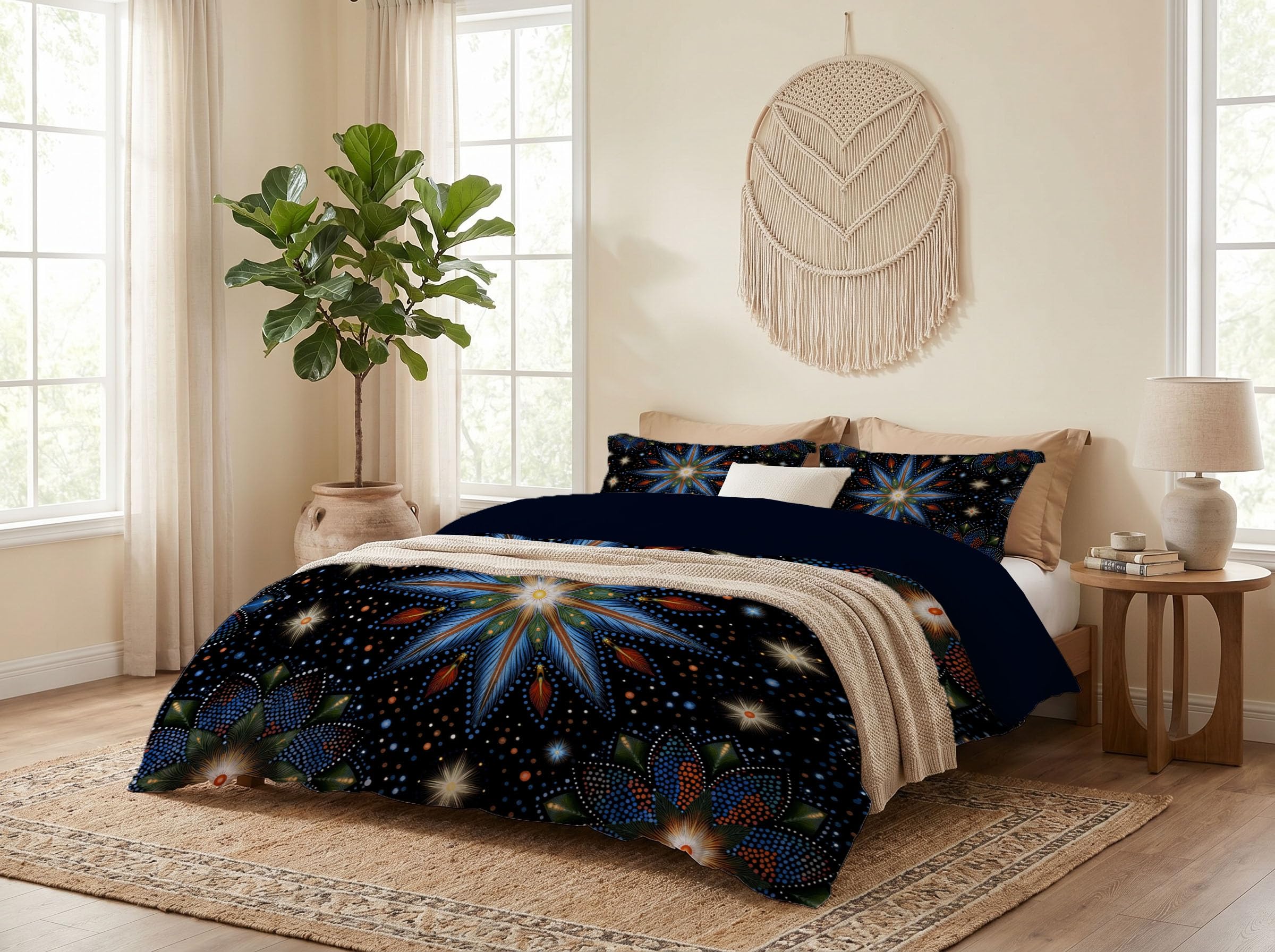Parure de lit reversible 220x240 mandala noir pour grand lit 2 personnes