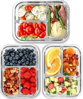 FIT Strong & Healthy 3-Compartment Glass Meal Prep Containers 32oz Bento Lunch Boxes Leakproof Lids Blue 3-Pack