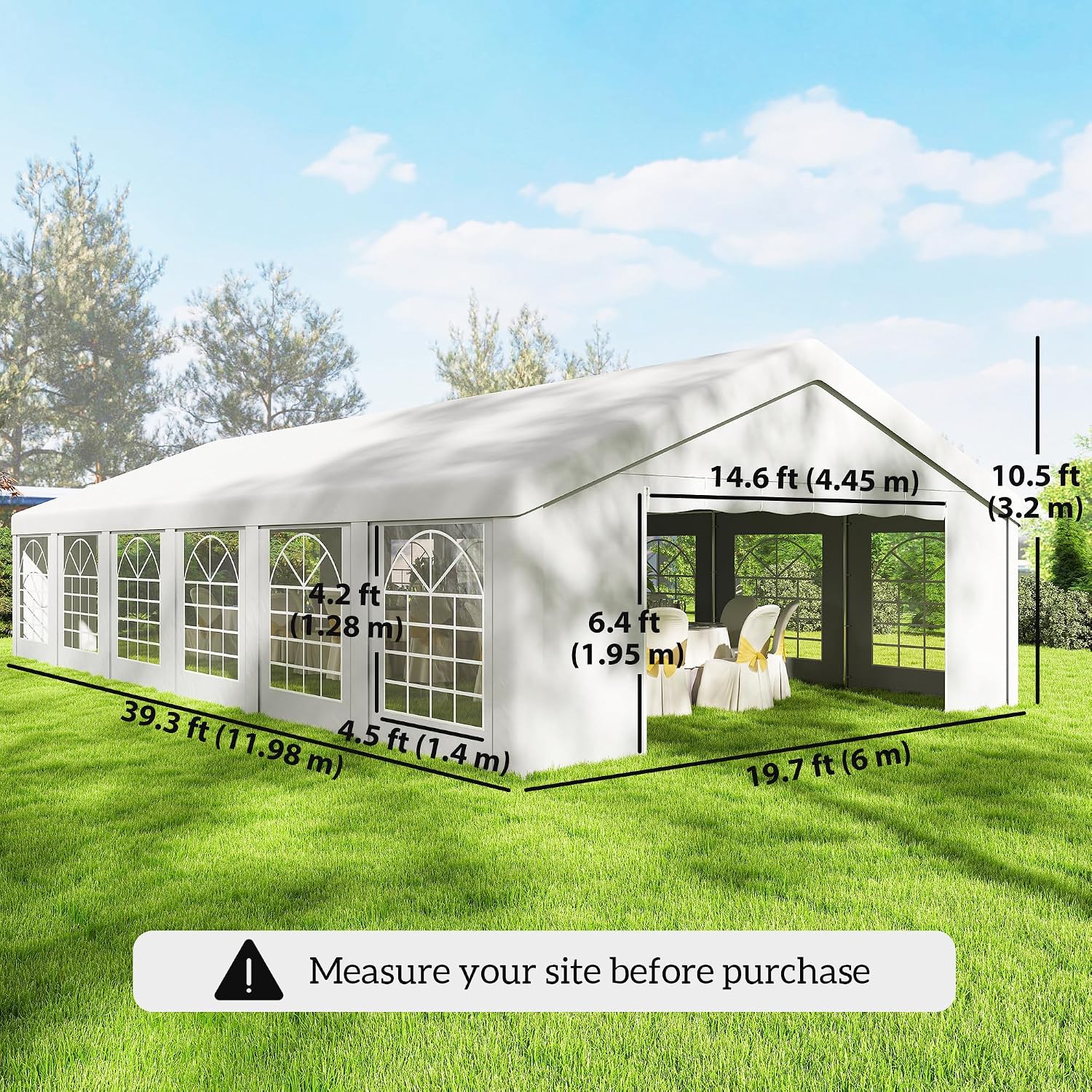 Diagram illustrating the dimensions of the Outsunny party tent, including length, width, and height, with a note to measure the site before purchase.