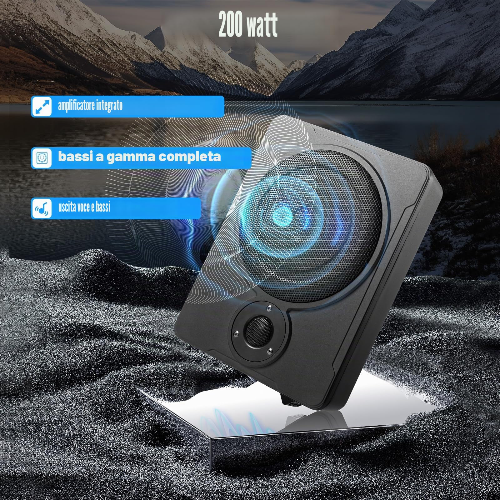Subwoofer attivo sotto il sedile dell'auto, subwoofer basso, ultra compatto da 8", subwoofer attivo sotto il sedile per auto, con set di cavi