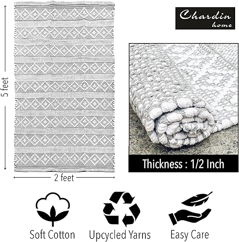 Miniatura 3 de Chardin home Alfombra bohemia gris y blanca de 2 x 5 pies  Alfombra de granja tejida a mano  Ideal para cocina, entrada, baño, meditación, lavable a