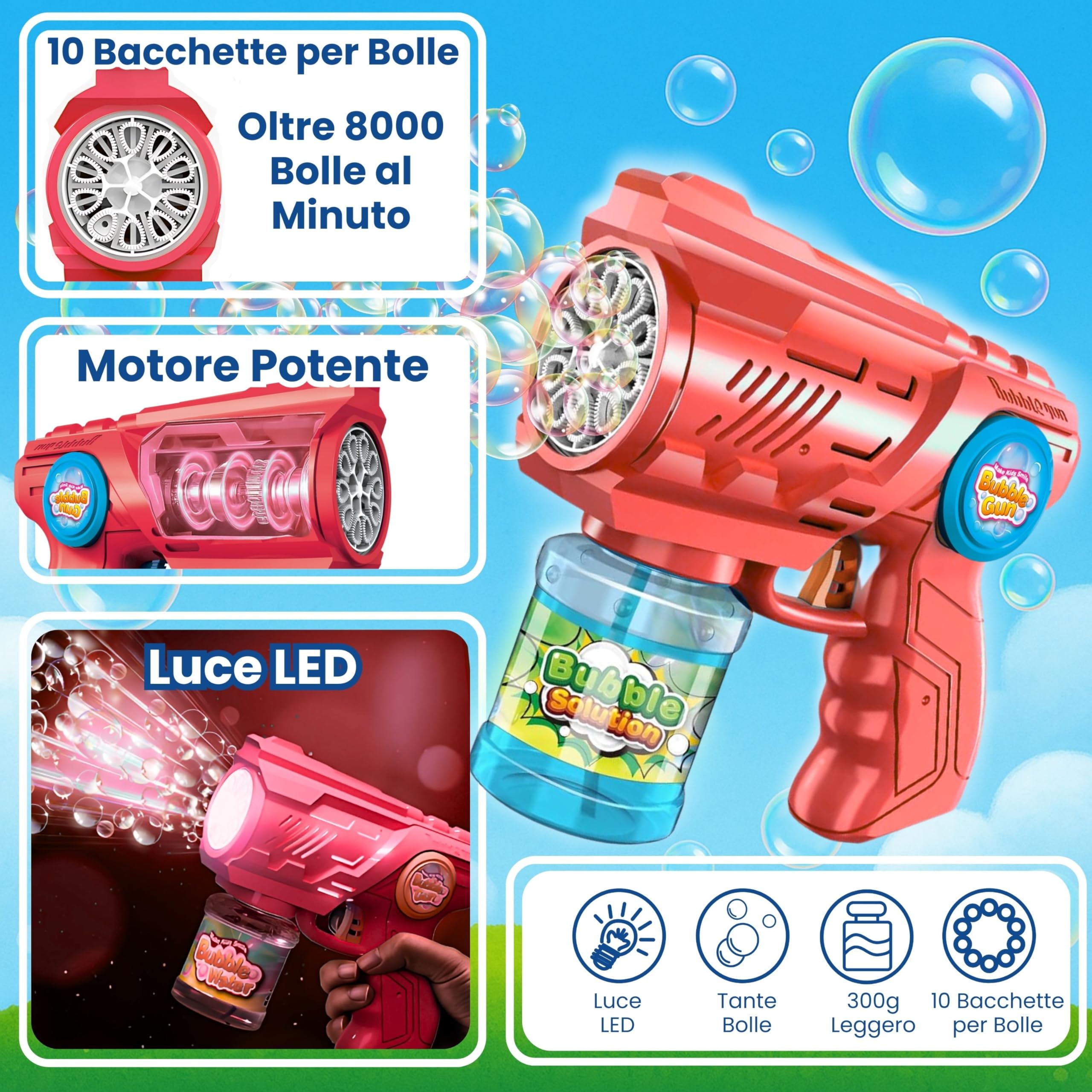 Blubbel Sparabolle di Sapone LED, Pistola Giochi, Macchina Automatica, Bubble Gun, Cannone d’Aria, Giocattolo Matrimonio, Regalo Estivo Bambini, 120ml Liquido Incluso