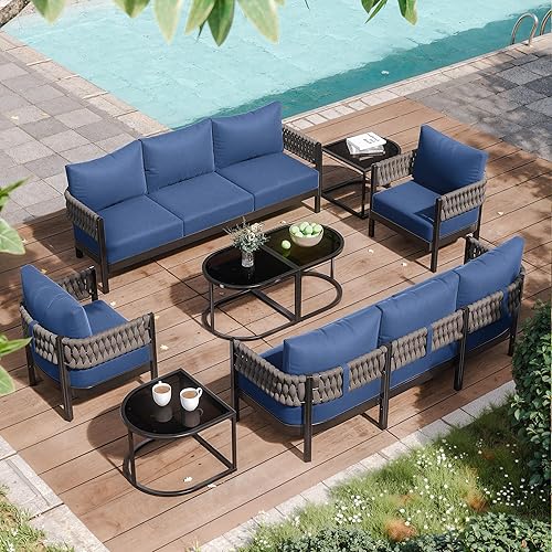 Aluminum Patio Furniture Set,8 Pieces HDPE Rope Patio Conversation Sets with Modular Coffee Table,Metal Outdoor Sectional Furniture w/5.9" Thick Cushions for Porch,Deck,Backyard,Navy Blue