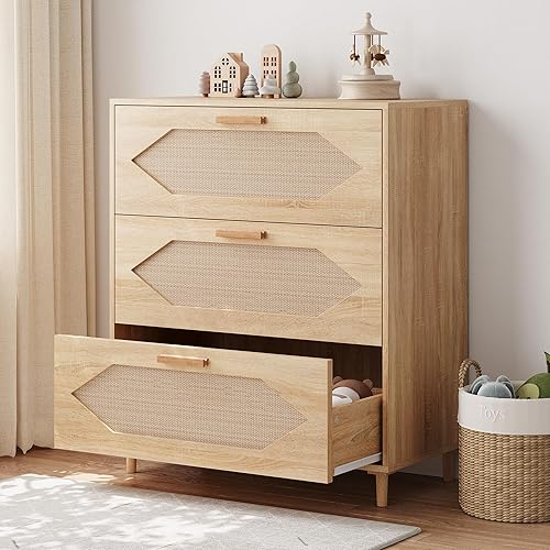 Miniatura 7 de GarveeHome Cómoda de 3 cajones, cómoda para dormitorio, cómoda moderna de ratán, cómoda de madera, armarios de almacenamiento de madera para