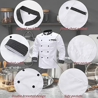 Chef Jacket for Men Long Sleeve Chef Jacket Mens Professional Chef Uniform Restaurant Work Uniform with Buttons Hotel Kitchen Workwear