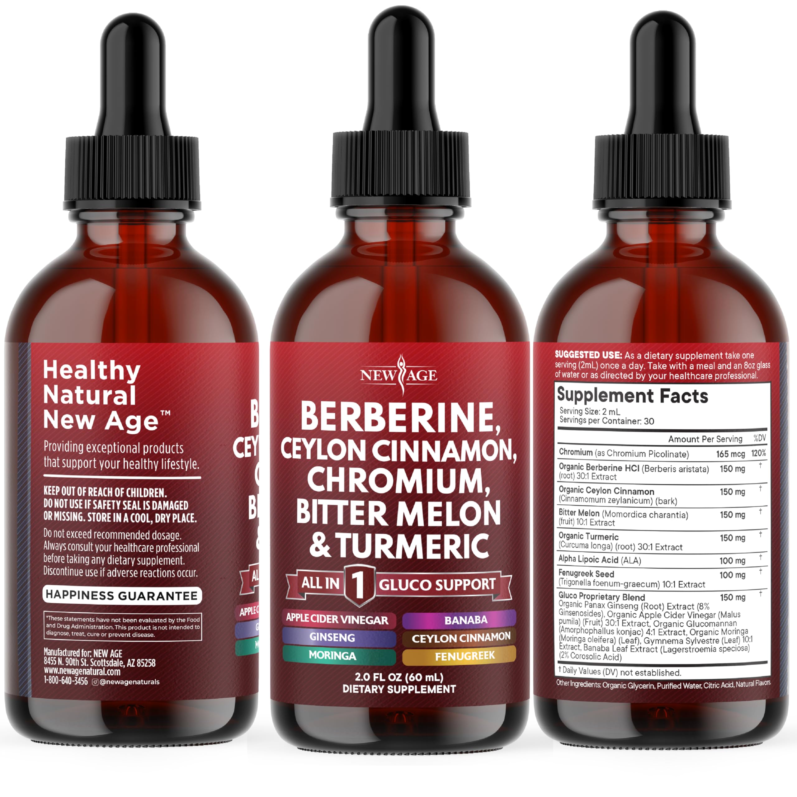 NEW AGE Berberine with Ceylon Cinnamon Supplement Liquid Drops + Bitter Melon Extract, Glucomannan, Gymnema, Chromium, Turmeric, Panax Ginseng, Moringa- 8 OZ — Amazon image 6