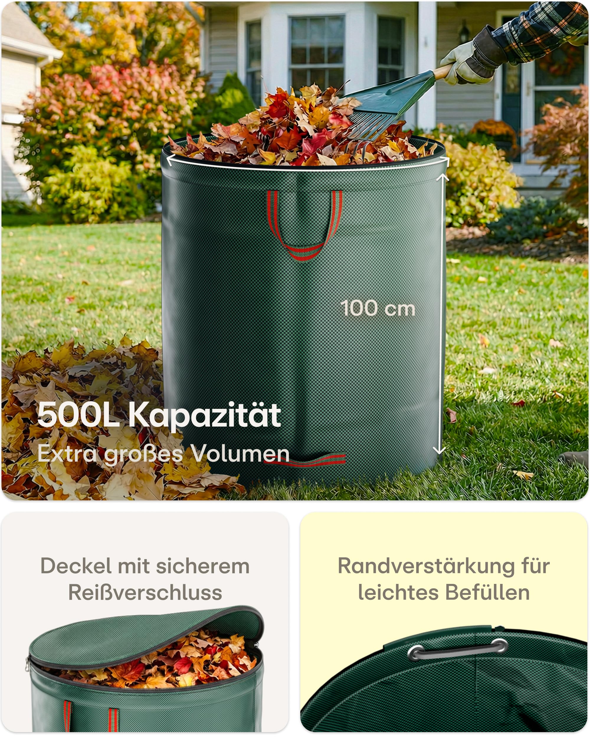Praknu 2x Gartenabfallsack Stabil 500 Liter Mit Deckel - XXL Groß - Laubsack mit 4 Reißfesten Griffen - Stabil & Faltbar Gartensack - Laubsäcke - Gartensäcke - Garten Abfallsack - Gartenzubehör